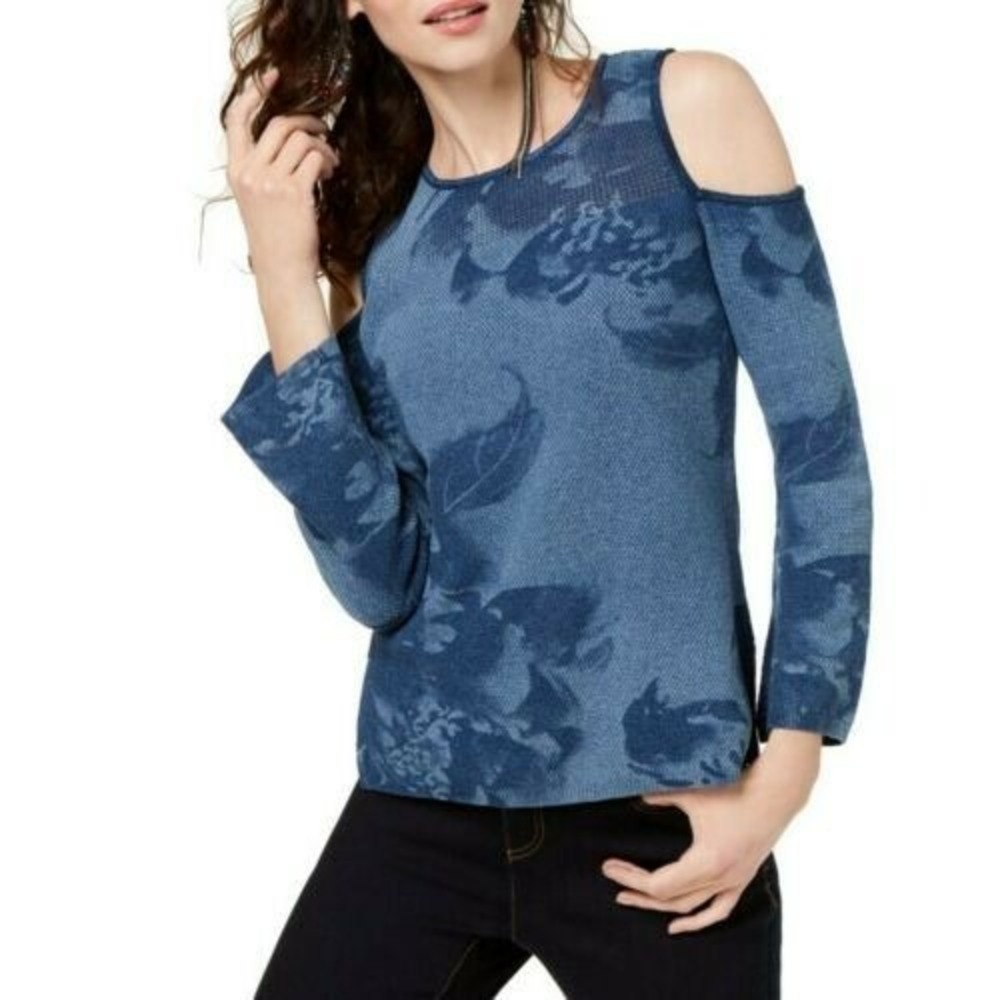 INC Blue Floral Cold Shoulder Knit Sweater XL Boho Coastal Casual Top Beachy
